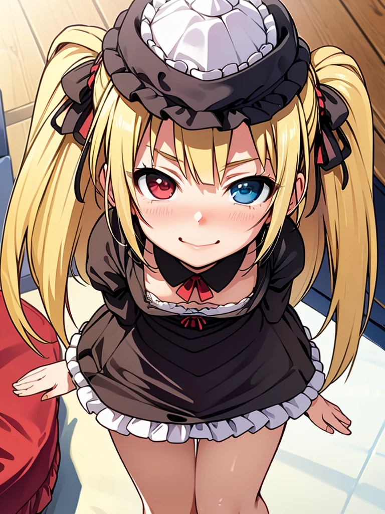 masterpiece, best quality, hasegawa kobato, solo, blonde hair, twintails, 10yo, (petite),
 frills, flat chest, black sleeved dress, red blue heterochromia, white skirt,
 smile, standing, park,