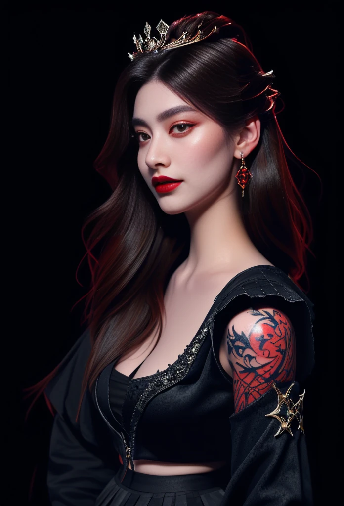 (High resolution,Practical) Long hair girl,skirt, Beautiful demon woman from hell, (in the darkness: 1.6), Very rich facial details,Red-black lips, Shoulder devil tattoo,rugged, Moderate: Detailed facial features, Determine the expression, Dark background,The environment is mysterious and elegant, Model, High contrast required, Jewelry, earrings, miniskirt, shirt, Jacket, brown hair, 白shirt, A bracelet, Hair Bun, single Hair Bun, long skirt, Shut up, Hoop Earrings, blue Jacket, skirt, Beautiful demon woman from hell, (in the darkness: 1.6), 大卫霍克尼和阿尔方斯穆夏的Surrealism女性portrait, Fantasy Art, Korean Doll, Photorealism, Dynamic Lighting, Art Station, poster, Volumetric Lighting, Very rich facial details, 8K, in the darkness, Deep Shadows, low pitch, long hair, Black Hair, Luxurious Palace, Royal style, Demon Crown, The red eye makeup is very vivid and detailed, the most beautiful face, Normal breast, Surrealism, Charming smile, The eye makeup is beautiful, Gurwitz, Devil style, Red-black lips, Shoulder devil tattoo, Gloomy weather,Thunder, (portrait), Close-up of the protagonist, (Background details 1.8), Revealing clothes, cosmetic, 白skirt