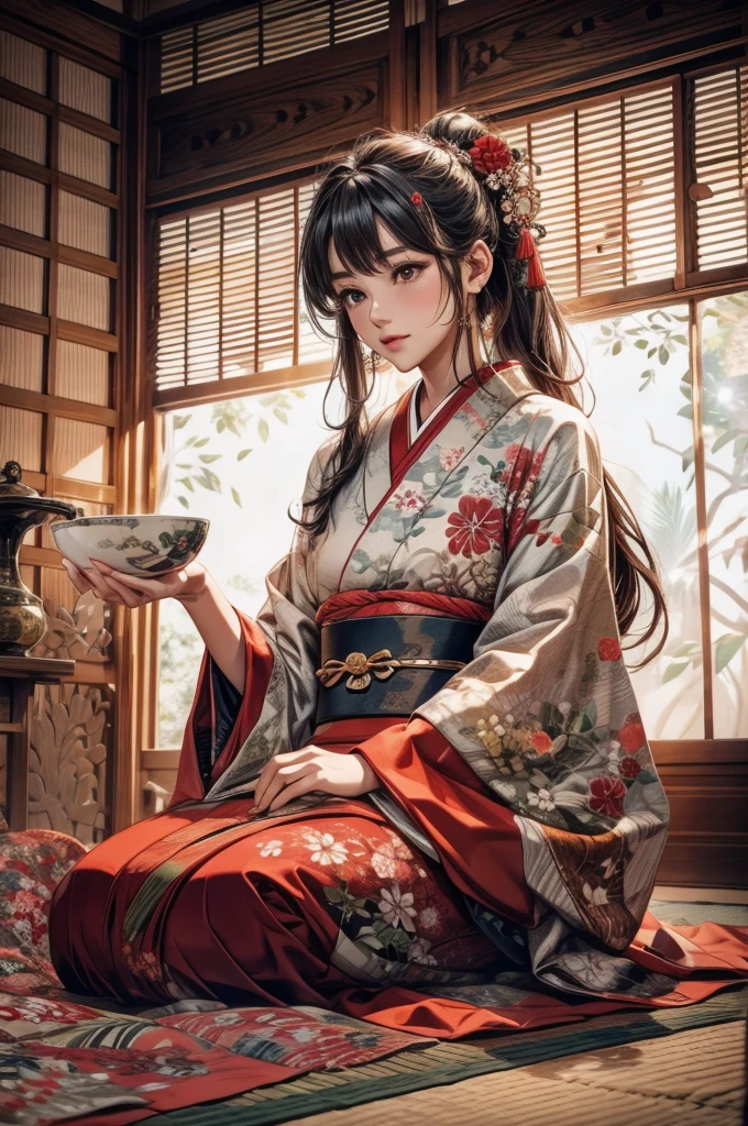 Looking at the ceramic vessels、Glossy red kimono、Japanese style room、Sengoku period、Sitting with legs folded、Sitting on tatami、seiza、A handsome 30-year-old、Red flower hair ornament、Staring at a ceramic vessel