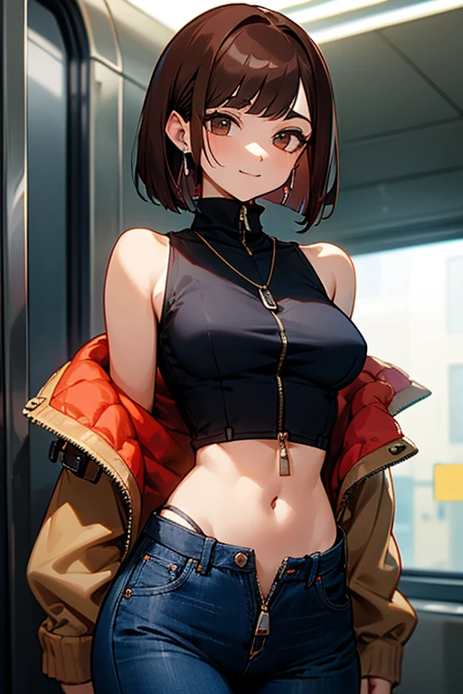 Reddish brown hair、Earrings、necklace、Sleeveless shirt、Shoulder Bare、Zip-up turtleneck、sexy、Cowboy Shot、In a crowded train、Disheveled clothing、Office casual fashion、The inner string is visible、Asymmetrical design、Tight pants、Off-the-shoulder oversize short jacket、Voluminous bob cut、Asymmetrical hairstyle、High leg pants、jeans、Dark navy jeans、Sideboob、White top、Belly button、Trouser buttons and zippers are undone and open、smile、The pants are unbuttoned、The trousers zipper is open、Underboob、Frills、Underboob、Hook one's fingers around one's collar、Hold the zipper with your hands、Pastel colored underwear、Stick your hand inside your pants
