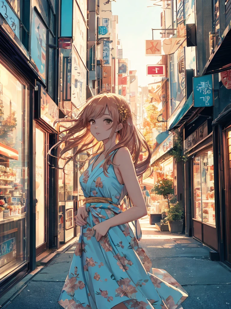 beautiful young woman, anime style, long flowing hair, vibrant eye color, delicate features, soft lighting, wearing a chic summer dress, light and airy fabric, floral pattern, trendy accessories, urban background, bustling city street, golden hour lighting, dynamic and candid pose, capturing a moment of joy, Japanese anime style, high quality, highly detailed, 8k resolution, cinematic lighting, best quality, vibrant colors, Instagrammable, aesthetic, trendy