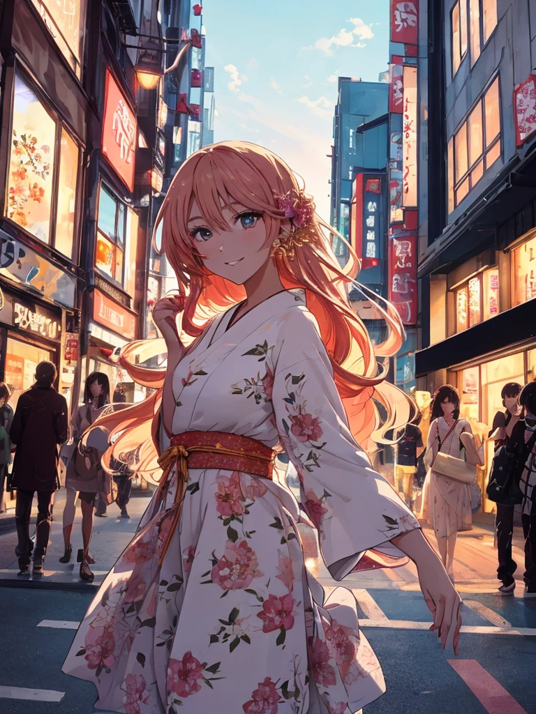 beautiful young woman, anime style, long flowing hair, vibrant eye color, delicate features, soft lighting, wearing a chic summer dress, light and airy fabric, floral pattern, trendy accessories, urban background, bustling city street, golden hour lighting, dynamic and candid pose, capturing a moment of joy, Japanese anime style, high quality, highly detailed, 8k resolution, cinematic lighting, best quality, vibrant colors, Instagrammable, aesthetic, trendy