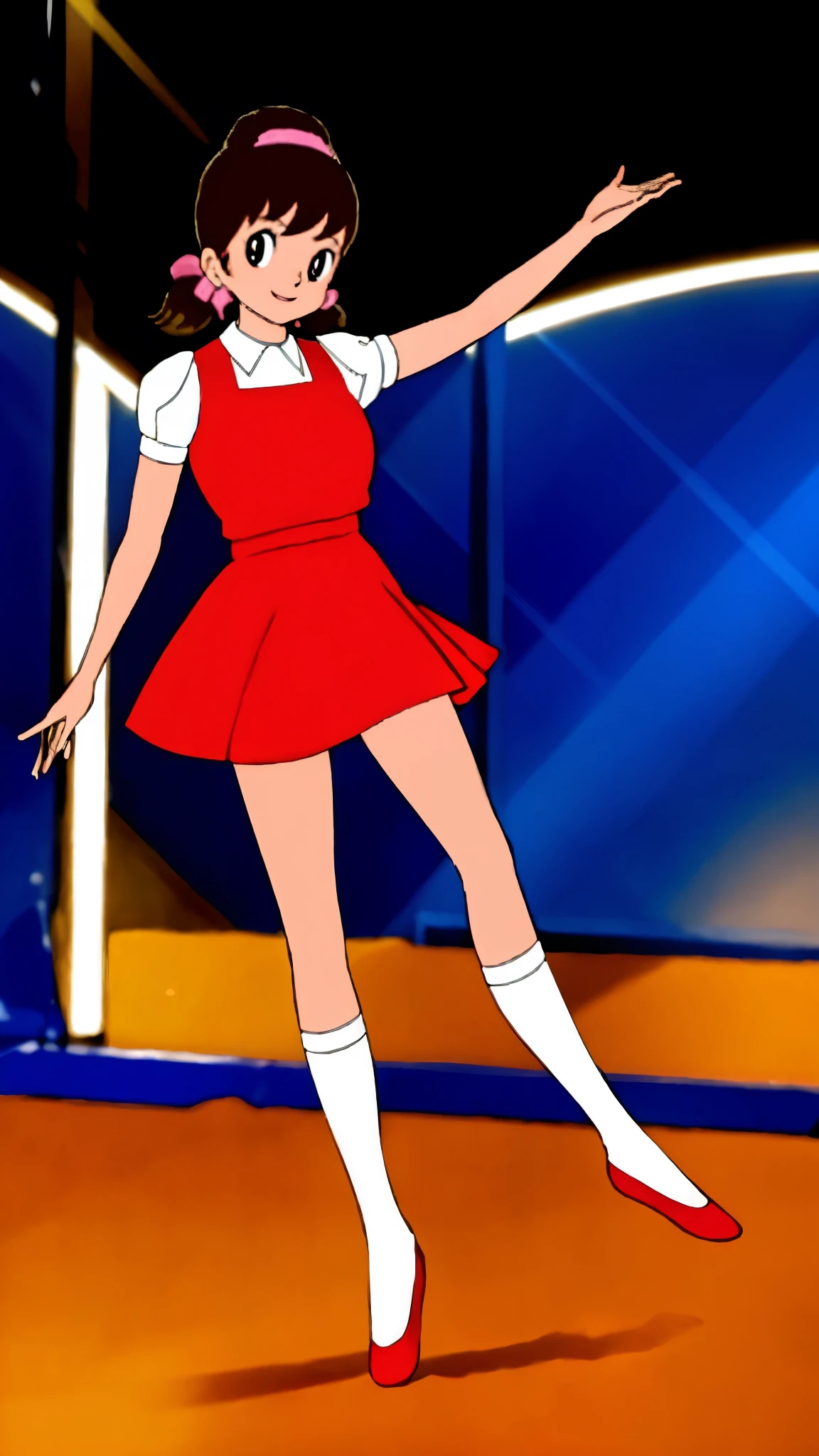 masterpiece, highest quality, alone,1 girl,looking at the viewer,School, cowboy shot,anime style,
akkochan,smiling、Live Performance Venues、Dancing on stage、In the spotlight、Exciting dance、Intense movement、Lifting legs high、Large breasts、