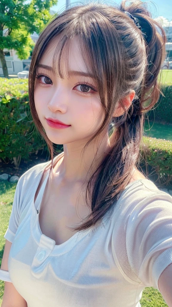 One piece with collar,outdoors,Urban Park,On the lawn,Ultra-detailed, finely detail, hight resolution, 8K Wallpaper, Perfect dynamic composition, Beautiful detailed eyes,Outdoor,Close-up of face,Outdoor,Blushing,Facing forward,,Long hair ponytail,((8k, Raw photo, Best Quality, Mastepiece:1.2), (Realism, Photorealistic:1.4), (Highly detailed 8K wallpapers), Depth of written boundary, Cinematic Lighting, Soft Light, Detailed Beauty Eye,Shiny and smooth light brown ponytail, Asymmetrical bangs, Shiny skin, Ultra-detailed skins ,It is high resolution., High detail, Detailed hairstyle, Detailed facial beauty, Hyper-realistic, Perfect limbs, Perfect Anatomy ,1 Japanese girl,Famous Japanese Idols, Perfect female body,A shy smile,Short eyelashes,Double-edged eyelids,Look straight here,Hair style: ponytail,