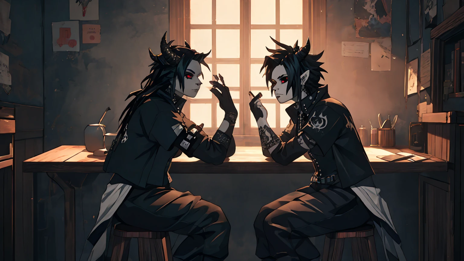 there are two women dressed in gothic costumes sitting on a stool, ska skeleton and girlfriend, in style the demon seated, imvu, dressed in crustpunk clothing, gothic harts, second life avatar, couple pose, demoness, grungy gothic, 2 b, 2b, dark and gothic, shaded, goth, dressed in punk clothing