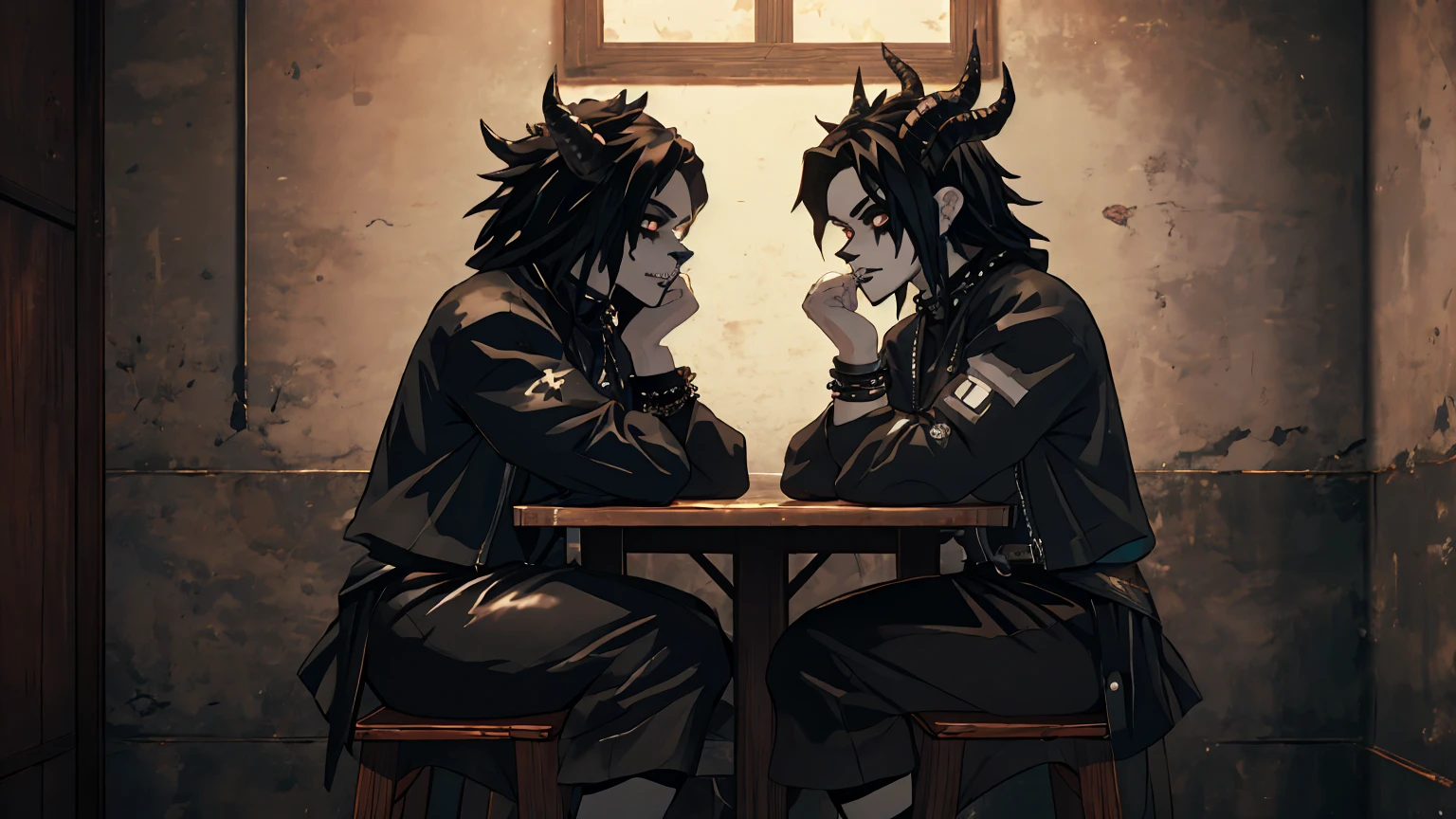 there are two women dressed in gothic costumes sitting on a stool, ska skeleton and girlfriend, in style the demon seated, imvu, dressed in crustpunk clothing, gothic harts, second life avatar, couple pose, demoness, grungy gothic, 2 b, 2b, dark and gothic, shaded, goth, dressed in punk clothing