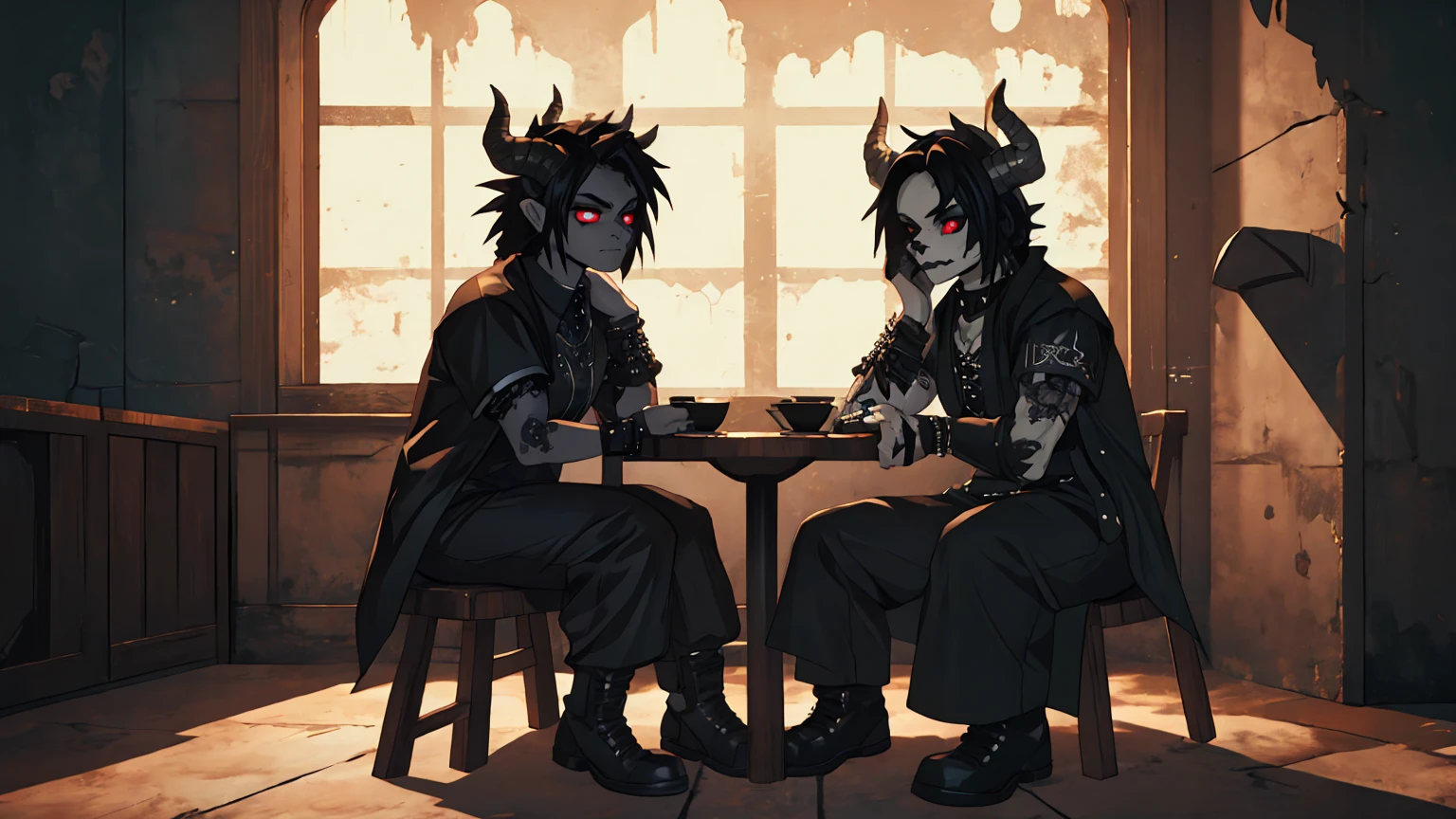 there are two women dressed in gothic costumes sitting on a stool, ska skeleton and girlfriend, in style the demon seated, imvu, dressed in crustpunk clothing, gothic harts, second life avatar, couple pose, demoness, grungy gothic, 2 b, 2b, dark and gothic, shaded, goth, dressed in punk clothing