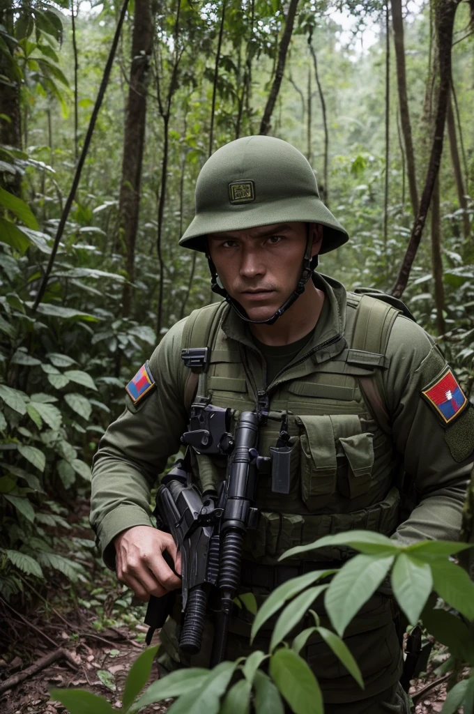 Create a highly detailed and realistic image of a Vietnamese soldier from the Vietnam War, dressed in period-specific attire. The soldier should be wearing a traditional olive drab or green uniform, complete with a standard issue helmet or boonie hat. The uniform should include features like a buttoned-up shirt with multiple pockets, a utility belt, and rugged combat boots. The face should be obscured in a cinematic manner. Position the soldier slightly turned away or with their head bowed, creating a shadow across their face. Alternatively, have the soldier’s face partially hidden by the brim of the helmet or a scarf pulled up. The background should be a dense jungle with thick foliage, or a misty, war-torn landscape. Natural light should filter through the trees or fog, casting dramatic shadows and highlighting the soldier’s uniform and equipment. This setup will emphasize the soldier’s role and environment while maintaining a sense of mystery around the hidden face.