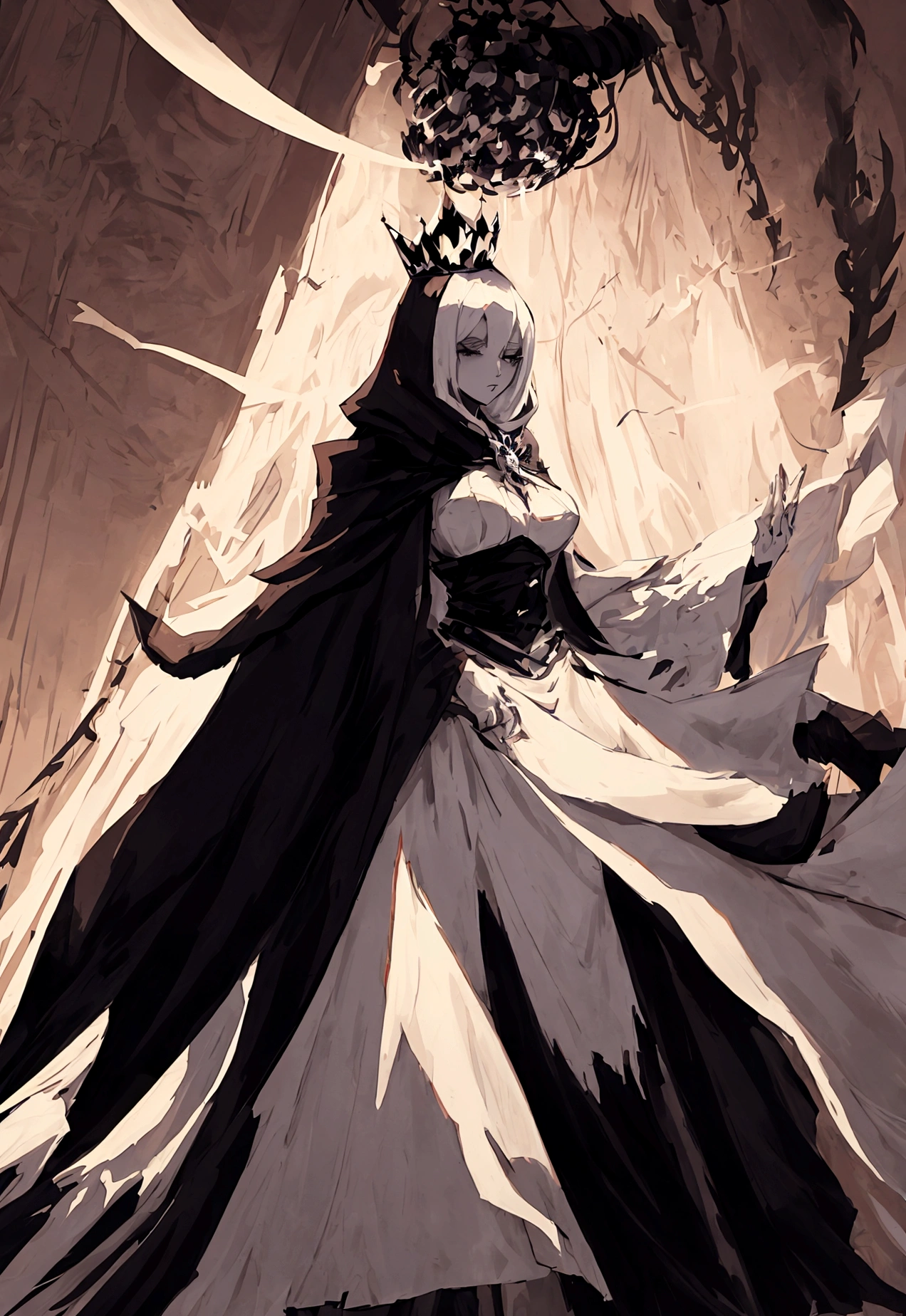 drawing of a woman in a long cape and black and white dress, crown on head, Full review, dark fantasy character design, interesting character design, queen, Magic Around,The Dark Goddess, best anime character design, Anime girl, dark sorceress fullbody pose