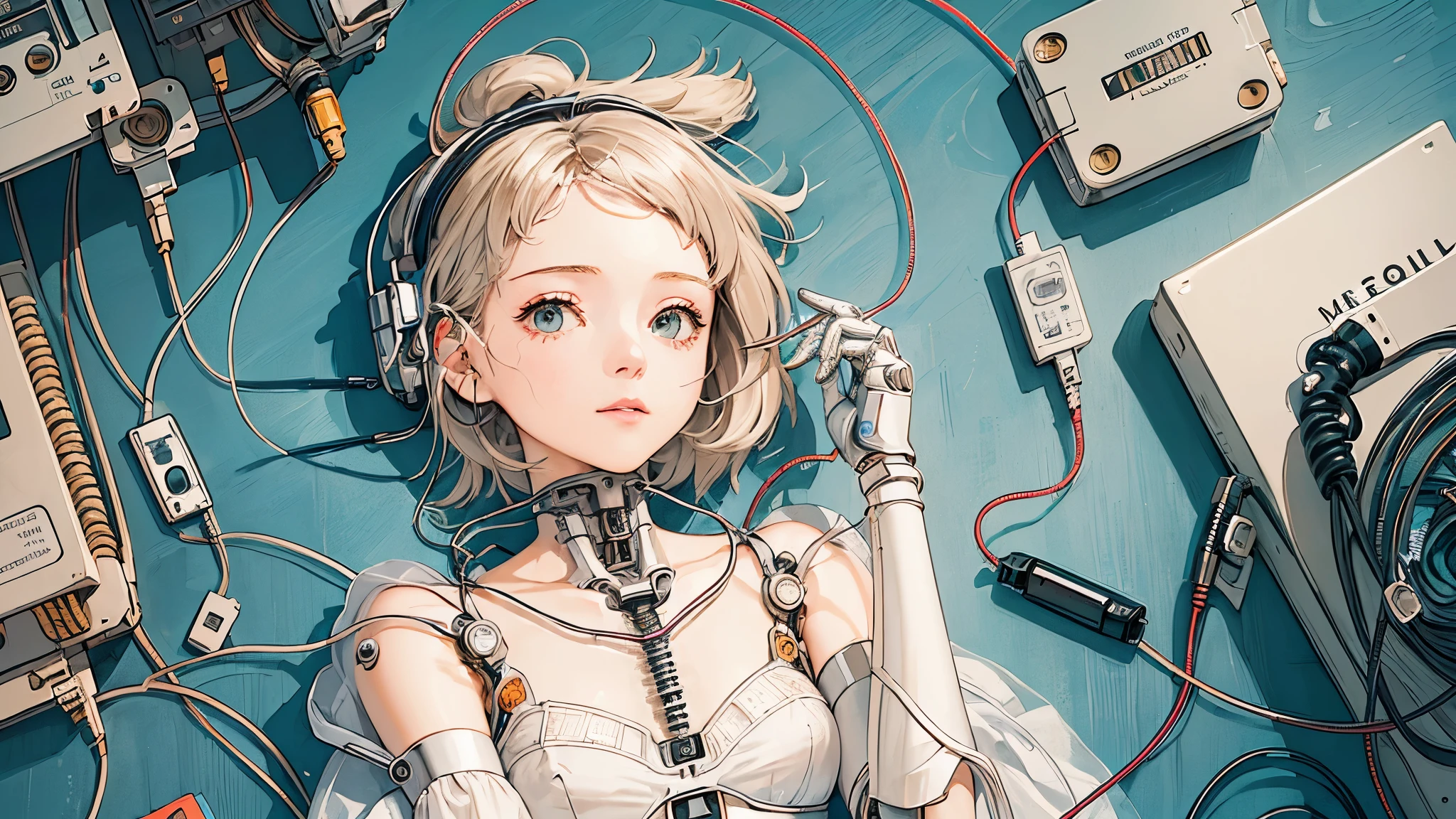(((masterpiece))), (((highest quality))), ((Very detailed)), (Highly detailed CG illustrations), ((Very delicate and beautiful)),(Cute and delicate face),Light,((1. Machine Girl)),alone,whole body,(Machine made joints:1.4),((Mechanical Limbs)),(Muscles swell),(The vessel is connected to the tube),(Brain in a container:1.3),((Mechanical vertebrae attached to the back)),((Mechanical cervical spine attached to the neck)),((Sitting)),poker face,(Wires and cables attached to head and body:1.5),Small breasts,short hair,(Character Focus),sf,Lying down,Forehead out