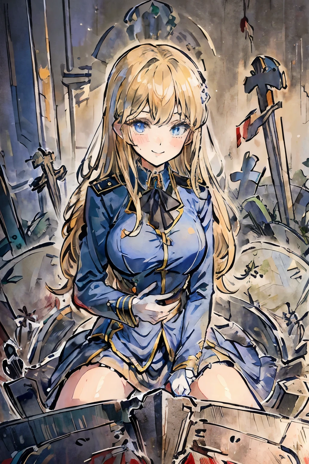 1girl, Full body, Description Girls, detail hands, Detail fingers, Detail Face, cute face, detail legs, overdetailed art, Fine details, blonde hair, wavy hair, long hair, blue eyes, smile, ((Graveyard)), blue military uniform, sit on tombstone, ((bloody body)), horor