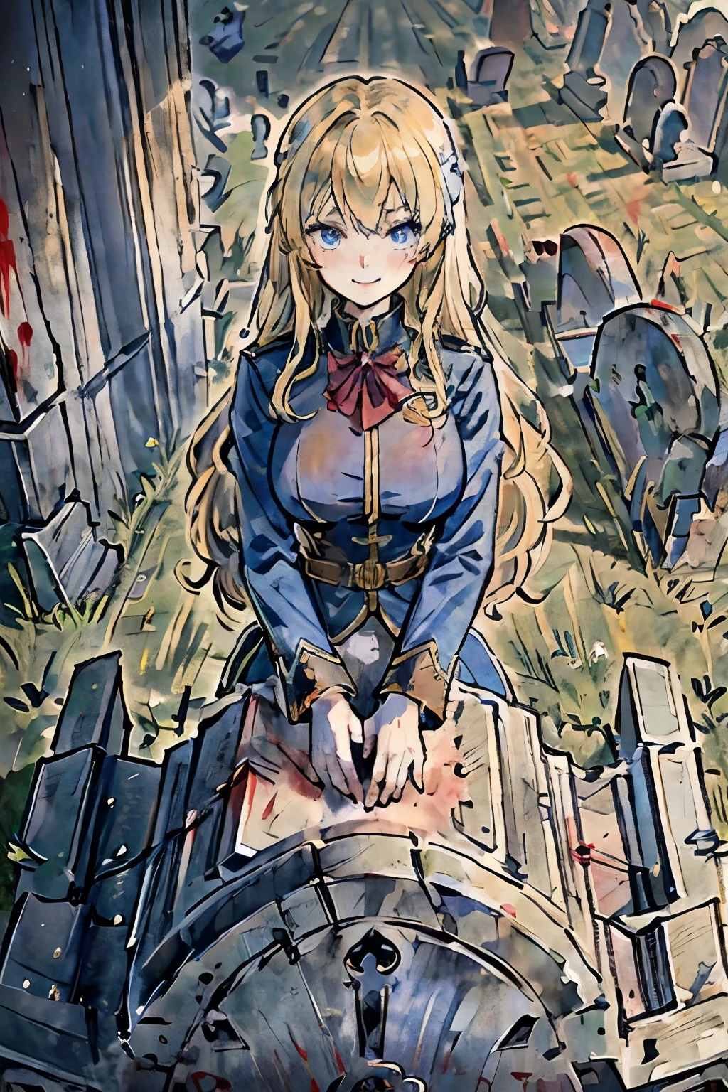 1girl, Full body, Description Girls, detail hands, Detail fingers, Detail Face, cute face, detail legs, overdetailed art, Fine details, blonde hair, wavy hair, long hair, blue eyes, smile, ((Graveyard)), blue military uniform, sit on tombstone, ((bloody body)), horor