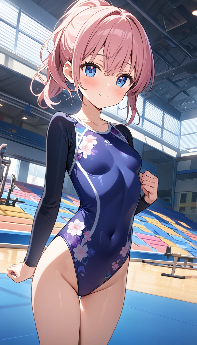 highquality illustration, masterpiece, very delicate and beautiful, attractive girl,(gymnastics leotard, Floral patterns leotard,long_sleeve leotard,high_leg leotard,athletic leotard,tight-fit leotard),thin,slender body,slim,high school,gymnasium background,gymnastics club,gymnastics athlete,princess, beautiful eyes,light smile,(masterpiece, best quality:1.2), highres, extremely detailed CG unity 8k wallpaper, perfect lighting, Colourful, ultra-high res,4K,ultra-detailed, photography, 8K, HDR, 17 ages,