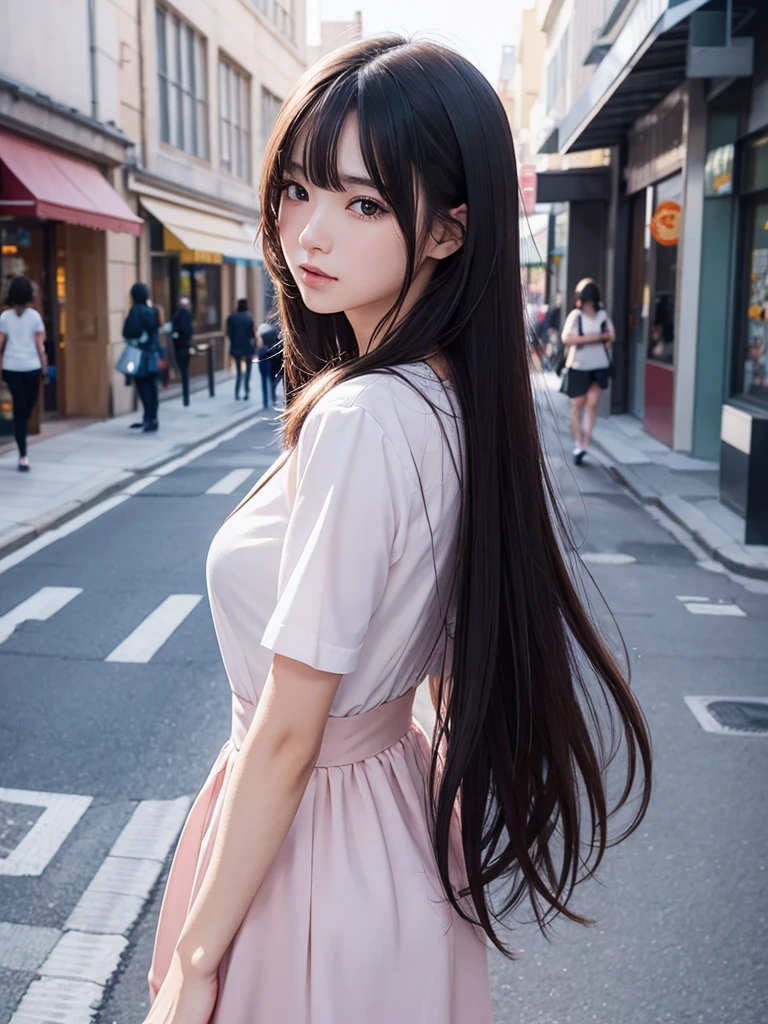(best qualityer:0.8),, (best qualityer:0.8), Perfect anime illustration, extreme closeup portrait of a pretty woman walking through the city