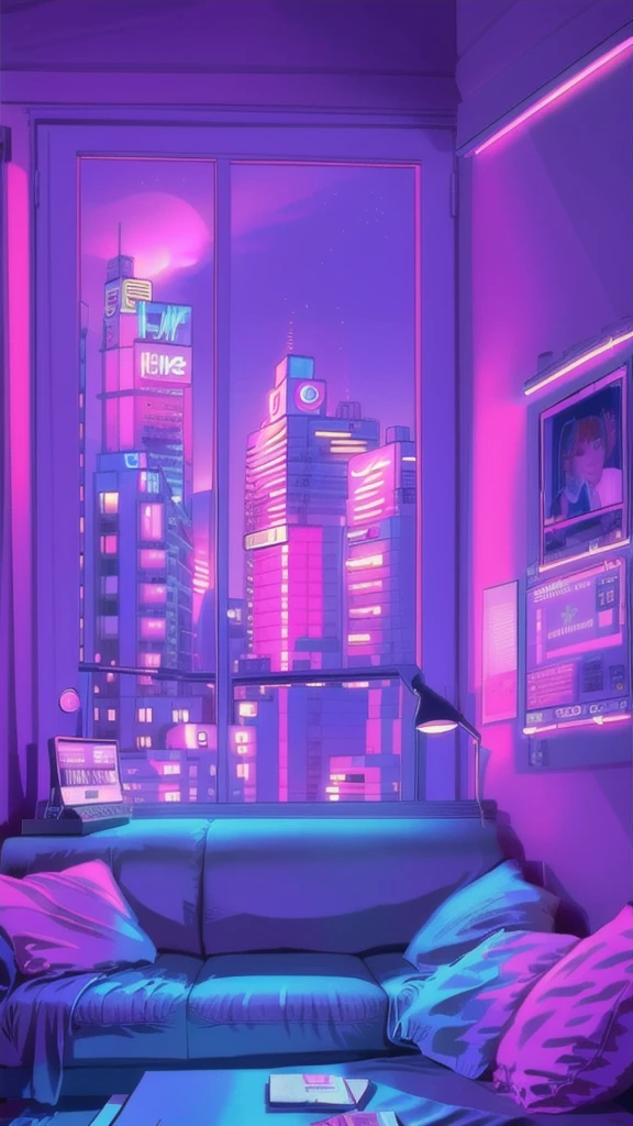 pink theme, style anime, huge city background, precious hotel, living room, in the computer screen is chart stock night light , (Highly detailed:1.2), (warm light:1.2), masterpiece, ultra realistic,32k, extremely detailed CG unity 8k wallpaper, best quality (masterpiece,best quality:1.5)