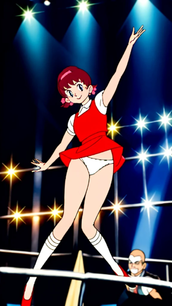 masterpiece, highest quality, alone,1 girl,looking at the viewer,School, cowboy shot,anime style,
 akkochan,smiling、Live Performance Venues、Dancing on stage、In the spotlight、Intense dancing、Raising his leg、Showing Panties、The bust is large、Feet raised above the head

