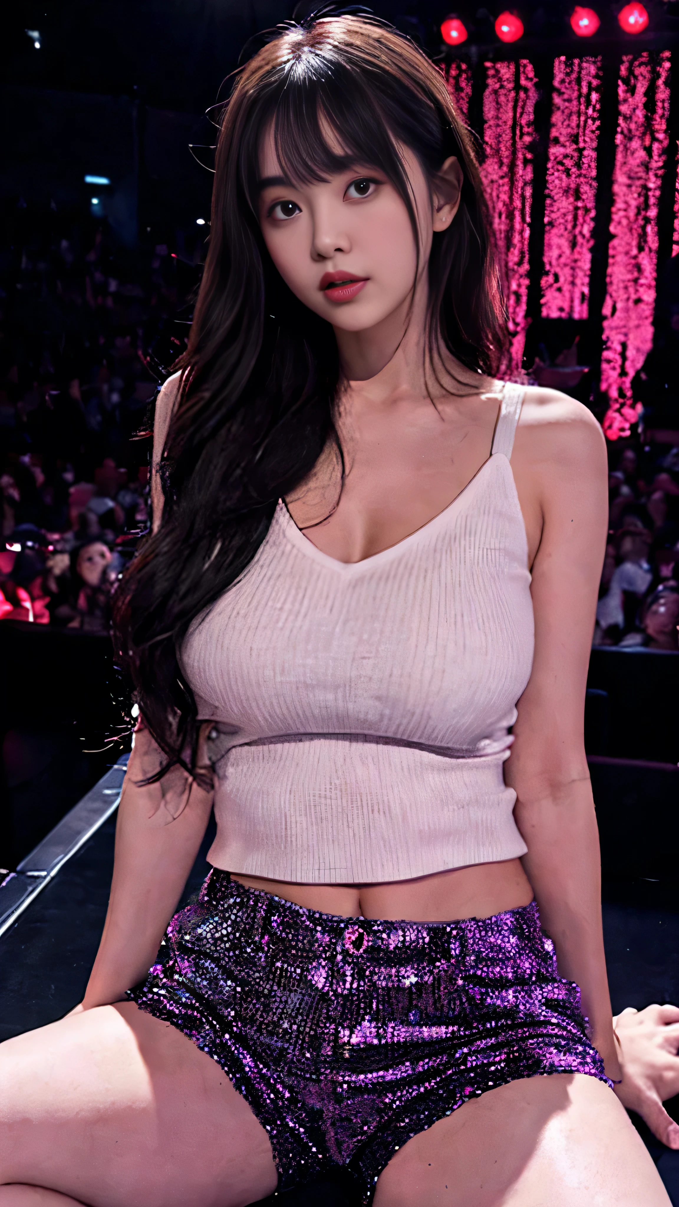 Miss, strike a seductive pose for the audience, Solitary:1, View, beautiful thick thighs,
background, long hair, 3/4 Body, V-neck mini thermal shorts