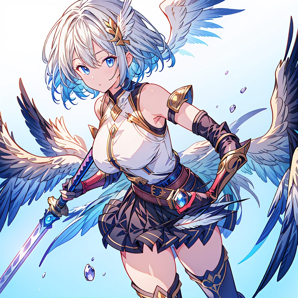 Dynamic composition、(((One girl))),One girl, alone, Milky white short hair, Magic wand, wing, Black background, sword, Knee socks, Holding, skirt, hair ornaments, gloves, boots, feathered wing, Holding 武器, feather, Two-Way, black skirt, blue eyes, black gloves, Milky hair, whole body, belt, Exposing shoulders, thigh boots, Holding sword, elbow gloves, Gauntlet, [(White Background:1.5),::5] (Isoscale:1.0), Double Exposure, bubble,
Mid Shot, whole body,masterpiece, highest quality,(colorful),(Beautifully detailed eyes and face),Cinema Lighting,Highly detailed CG Unity 8k wallpaper、Super huge、whole body、