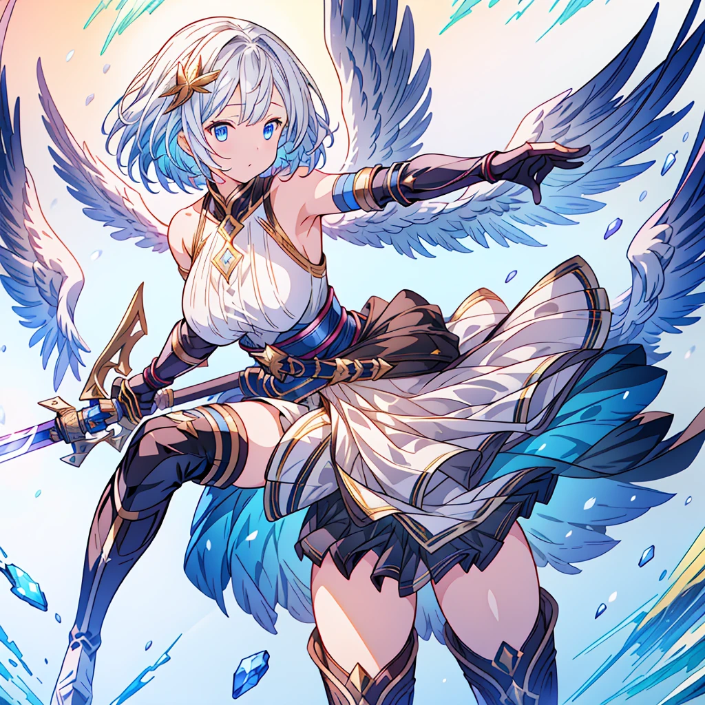 Dynamic composition、(((One girl))),One girl, alone, Milky white short hair, Magic wand, wing, Black background, sword, Knee socks, Holding, skirt, hair ornaments, gloves, boots, feathered wing, Holding 武器, feather, Two-Way, black skirt, blue eyes, black gloves, Milky hair, whole body, belt, Exposing shoulders, thigh boots, Holding sword, elbow gloves, Gauntlet, [(White Background:1.5),::5] (Isoscale:1.0), Double Exposure, bubble,
Mid Shot, whole body,masterpiece, highest quality,(colorful),(Beautifully detailed eyes and face),Cinema Lighting,Highly detailed CG Unity 8k wallpaper、Super huge、whole body、