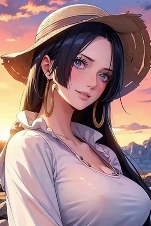 1girl, masterpiece, extremly detailed, (beautiful detailed glow), lens flare, white hair, short hair, floating hair, looking back, back behind, smile, blue eyes, white dress, medium breasts, upper body, wide shot, straw hat, ((salar de uyuni)), sunrise, clouds, backlighting, purple sky, yellow sky, gradient sky, hands on hat