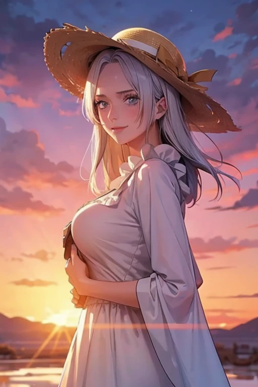 1girl, masterpiece, extremly detailed, (beautiful detailed glow), lens flare, white hair, short hair, floating hair, looking back, back behind, smile, blue eyes, white dress, medium breasts, upper body, wide shot, straw hat, ((salar de uyuni)), sunrise, clouds, backlighting, purple sky, yellow sky, gradient sky, hands on hat