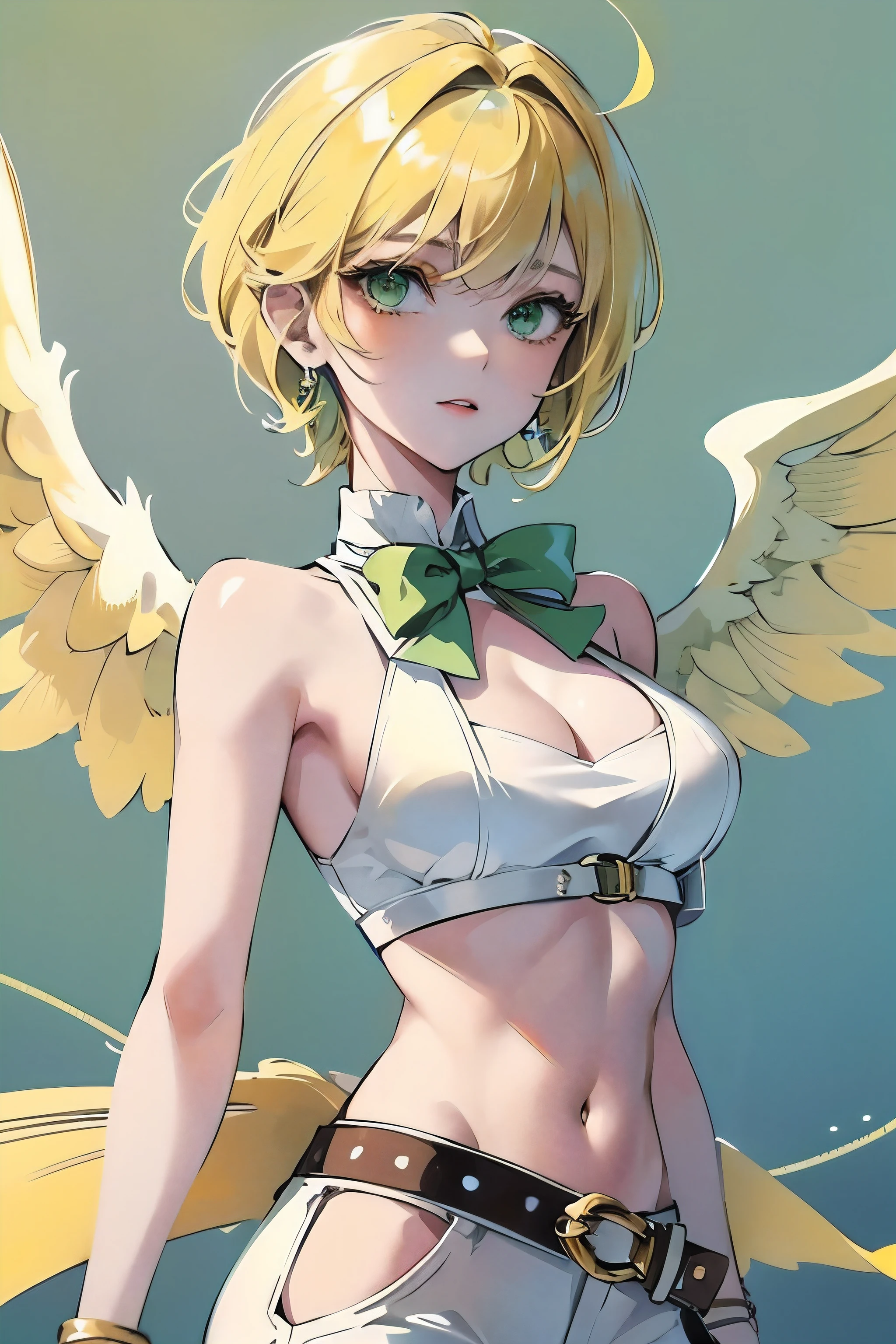 1girl, short hair, blonde hair, pixie cut, white  crop top ,green  pants, leather  belt  across  waist,,golden  ring  earrings,  medium breasts, slim waist, medium hips, green eyes,(( angel  wings with color  transition from yellow to green)),(( large blue bowtie)) 
