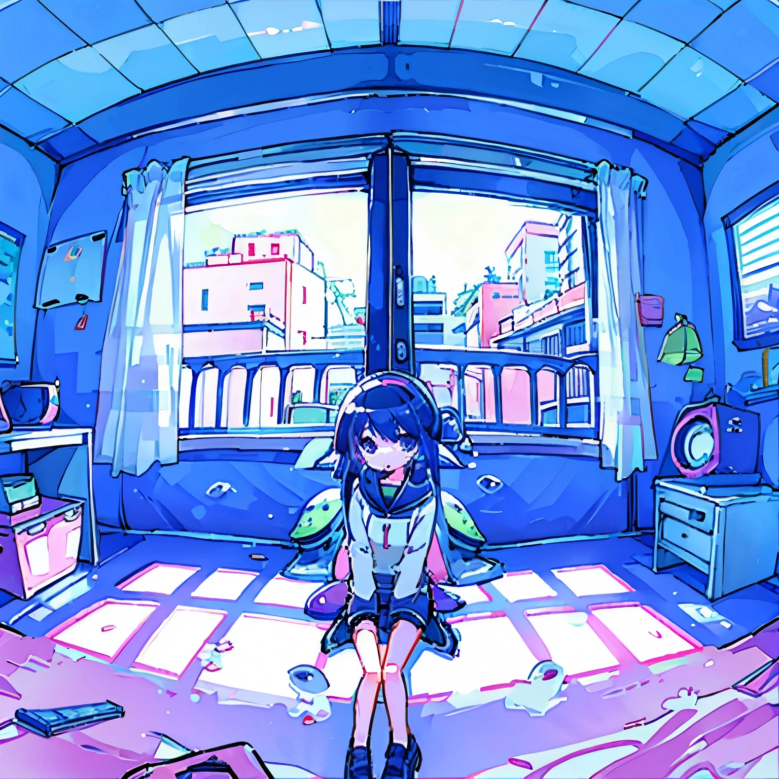 Splatoon girl sitting in room、Looking out the window、Inside the girl's cute room、Wide angle