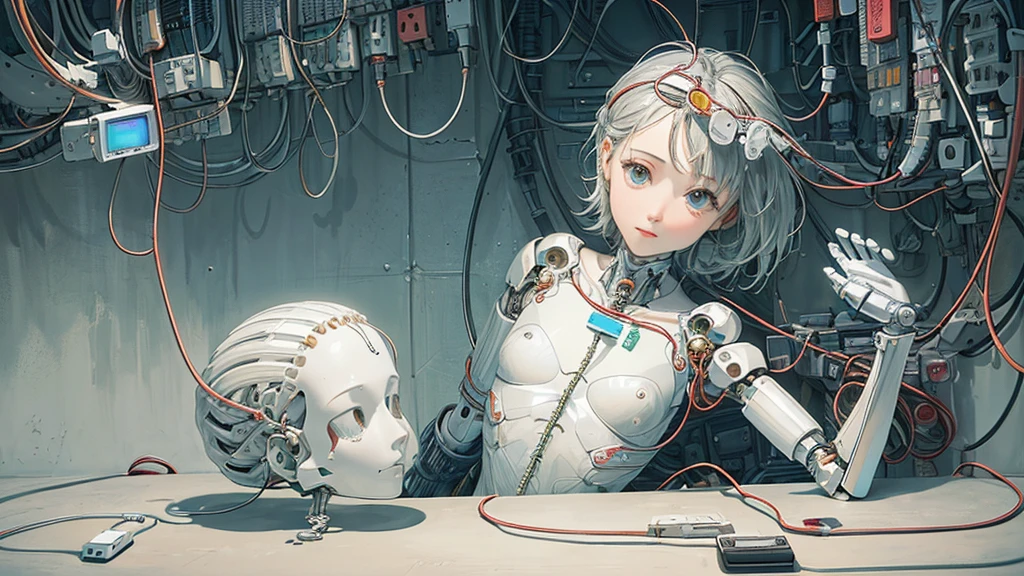 (((masterpiece))), (((highest quality))), ((Very detailed)), (Highly detailed CG illustrations), ((Very delicate and beautiful)),(Cute and delicate face),Light,((1. Machine Girl)),alone,whole body,(Machine made joints:1.4),((Mechanical Limbs)),(Muscles swell),(The vessel is connected to the tube),(Brain in a container:1.3),((Mechanical vertebrae attached to the back)),((Mechanical cervical spine attached to the neck)),((Sitting)),poker face,(Wires and cables attached to head and body:1.5),Small breasts,short hair,(Character Focus),sf,Lying down,Forehead out