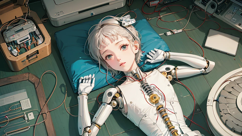 (((masterpiece))), (((highest quality))), ((Very detailed)), (Highly detailed CG illustrations), ((Very delicate and beautiful)),(Cute and delicate face),Light,((1. Machine Girl)),alone,whole body,(Machine made joints:1.4),((Mechanical Limbs)),(Muscles swell),(The vessel is connected to the tube),(Brain in a container:1.3),((Mechanical vertebrae attached to the back)),((Mechanical cervical spine attached to the neck)),((Sitting)),poker face,(Wires and cables attached to head and body:1.5),Small breasts,short hair,(Character Focus),sf,Lying down,Forehead out