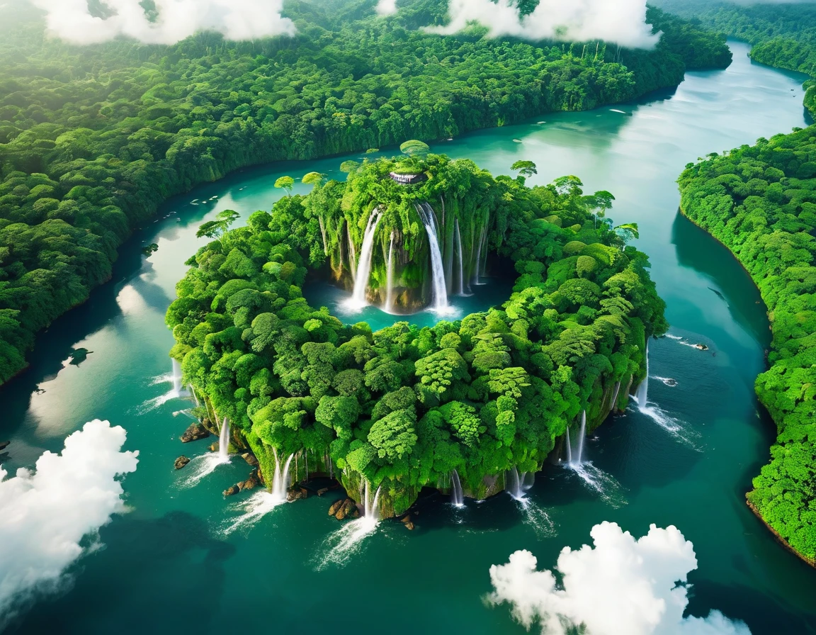 Produce a 4K image of a floating island covered with dense forests and lush greenery, with waterfalls cascading into the clouds below. Use an aerial shot to capture the entire island and its surroundings. The lighting should be bright and natural, giving the scene a magical and serene atmosphere. The image should be highly detailed, in sharp focus, and of very high quality with no blur