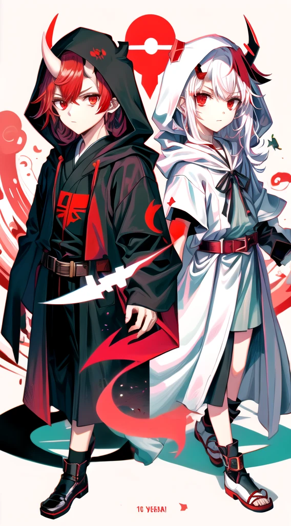 Highest quality, movie quality, the battle between the devil and the god of death, the devil (girl, 10 years old, red hair, wearing a tsuntsun head and horn, red aura), Shinigami (boy, 9 years old, white hair, straight hair, hooded robe, black sickle), the background is Tsukiyo and Venice