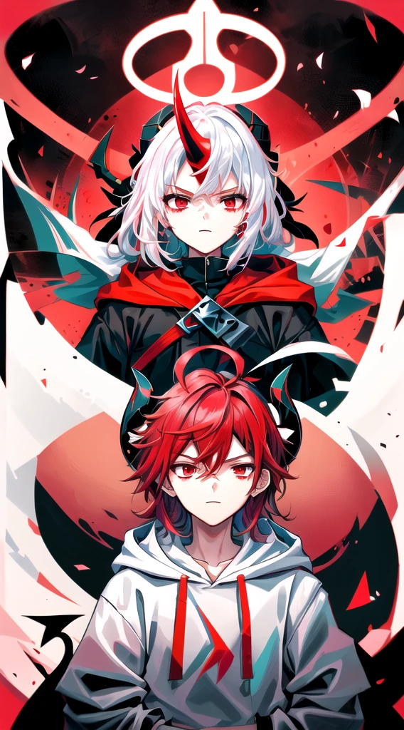 Highest quality, movie quality, the battle between the devil and the god of death, the devil (girl, 10 years old, red hair, wearing a tsuntsun head and horn, red aura), Shinigami (boy, 9 years old, white hair, straight hair, hooded robe, black sickle), the background is Tsukiyo and Venice