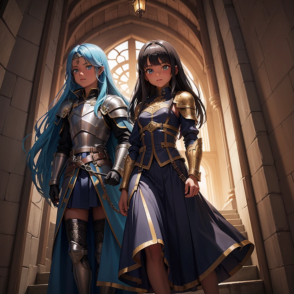 最high quality、high quality、Wearing leather armor１０Year-old girl adventurer、Climb the labyrinth stairs、Long skirt、Equipped with a dagger and a shield、Inside the dim labyrinth