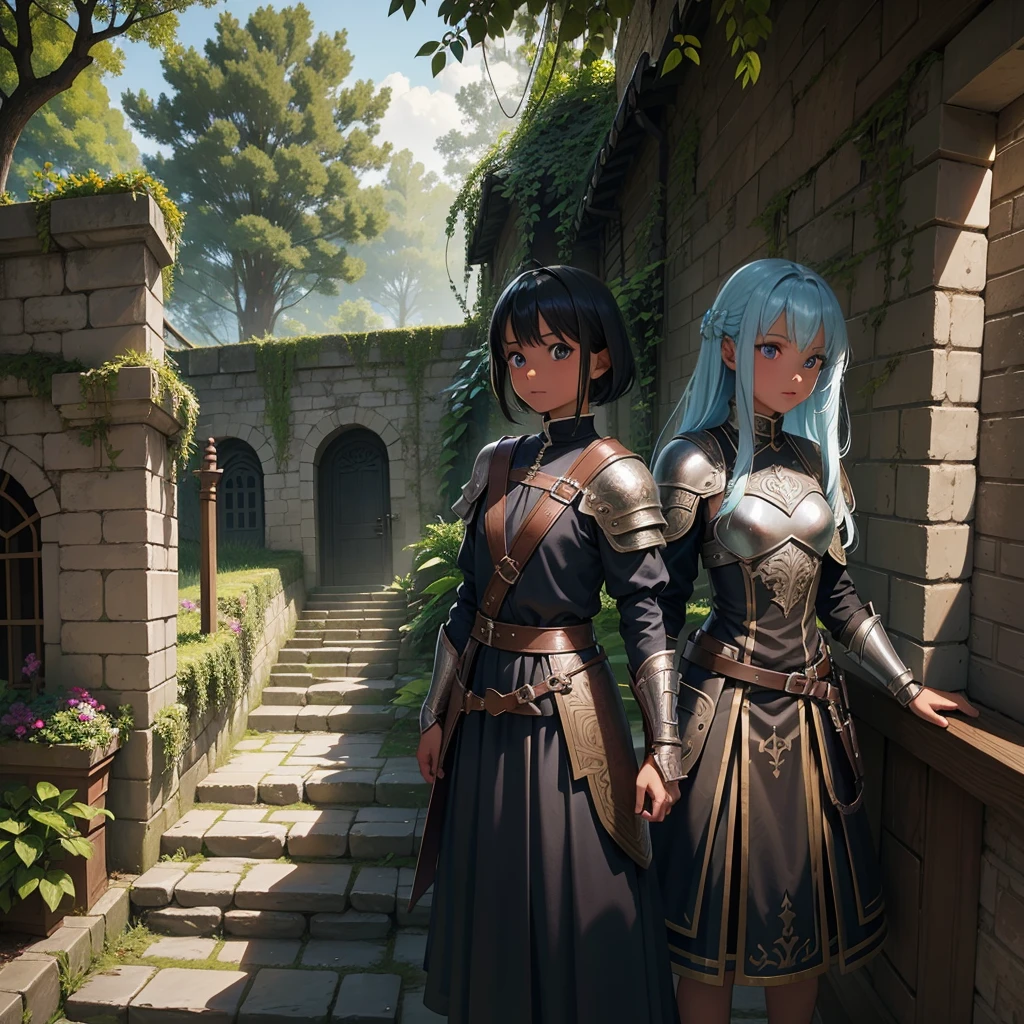最high quality、high quality、Wearing leather armor10Year-old girl adventurer、Climb the labyrinth stairs、Long skirt、Equipped with a dagger and a shield、Inside the dim labyrinth