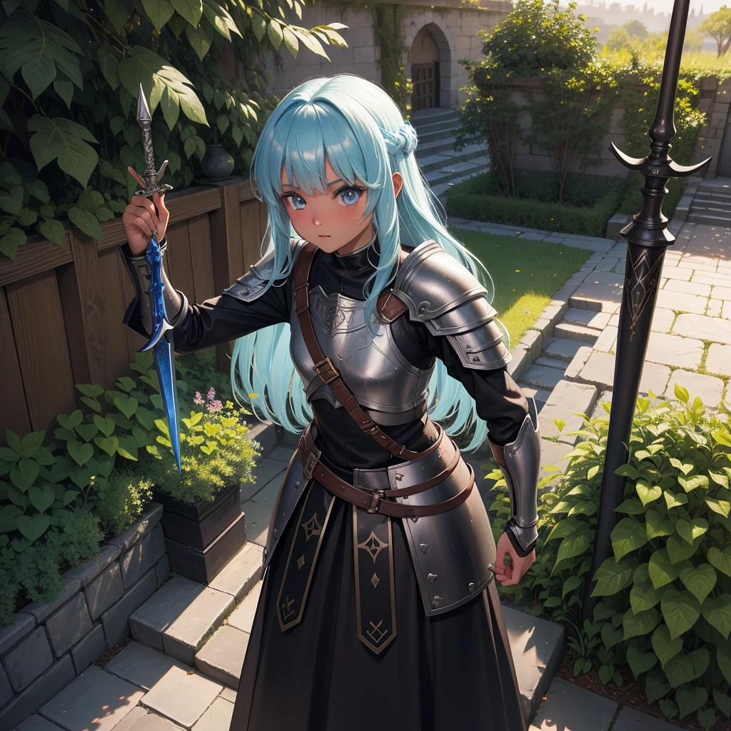 最high quality、high quality、10 years old、Girl Adventurer、Climb the maze stairs、Leather Armor、Long skirt、Equipped with a dagger and a shield、