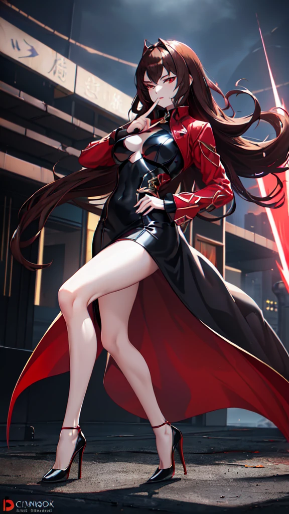 Name: Kirisumi
Element: Umbranox
Description: A skilled assassin and member of the Umbra Witches. With her Umbranox abilities, she can manipulate darkness and shadows to her advantage.
Prompt: ((((Mysterious woman, 3/4 view, dark brown hair, crimson red eyes, pale skin, slender build, long coat, black dress, high heels)), (deep shadows:0.8), (background: cityscape at night, neon lights:0.6), (sleek legs), (pose: ready to strike), (intense gaze), (flickering streetlights:0.5), (darkness enfolding her:0.7), (cool, calm expression), (hands at sides), (quiet confidence))((fix finger-hand))