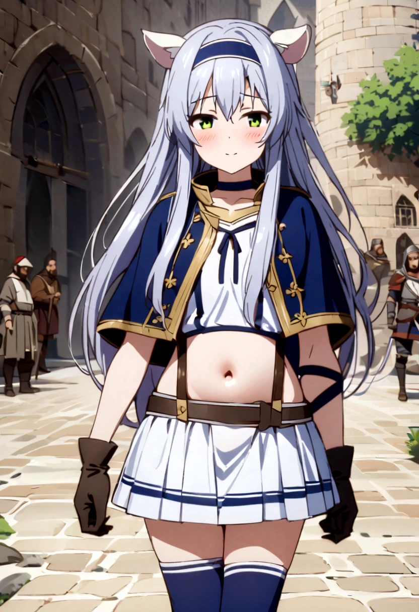 highest quality, (masterpiece:1.2), detailed, Medieval, Sistine Primer, One girl, alone, Open your mouth, A light smile, blush, Long Hair, Grey Hair, Green Eyes, Blue hair band, Animal ears, , suspenders, blue capelet, White shirt, Blue choker, Red ribbon, mini skirt, White Skirt, belly button, gloves, Blue knee socks, Are standing, 