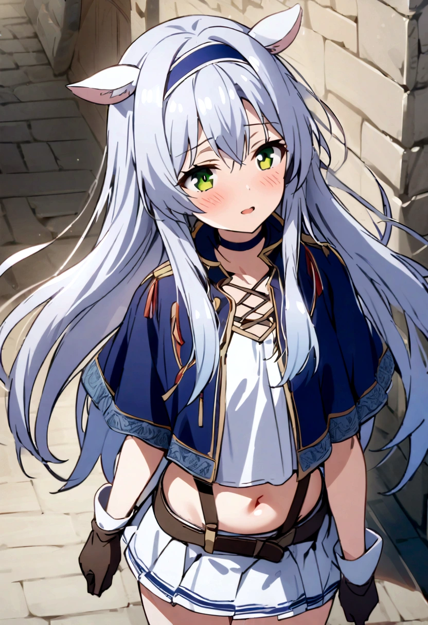 highest quality, (masterpiece:1.2), detailed, Medieval, Sistine Primer, One girl, alone, Open your mouth, A light smile, blush, Long Hair, Grey Hair, Green Eyes, Blue hair band, Animal ears, , suspenders, blue capelet, White shirt, Blue choker, Red ribbon, mini skirt, White Skirt, belly button, gloves, Blue knee socks, Are standing, 