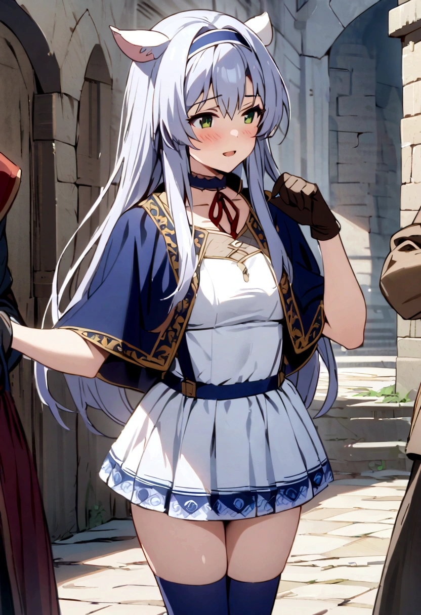 highest quality, (masterpiece:1.2), detailed, Medieval, Sistine Primer, One girl, alone, Open your mouth, A light smile, blush, Long Hair, Grey Hair, Green Eyes, Blue hair band, Animal ears, , suspenders, blue capelet, White shirt, Blue choker, Red ribbon, mini skirt, White Skirt, belly button, gloves, Blue knee socks, Are standing, 