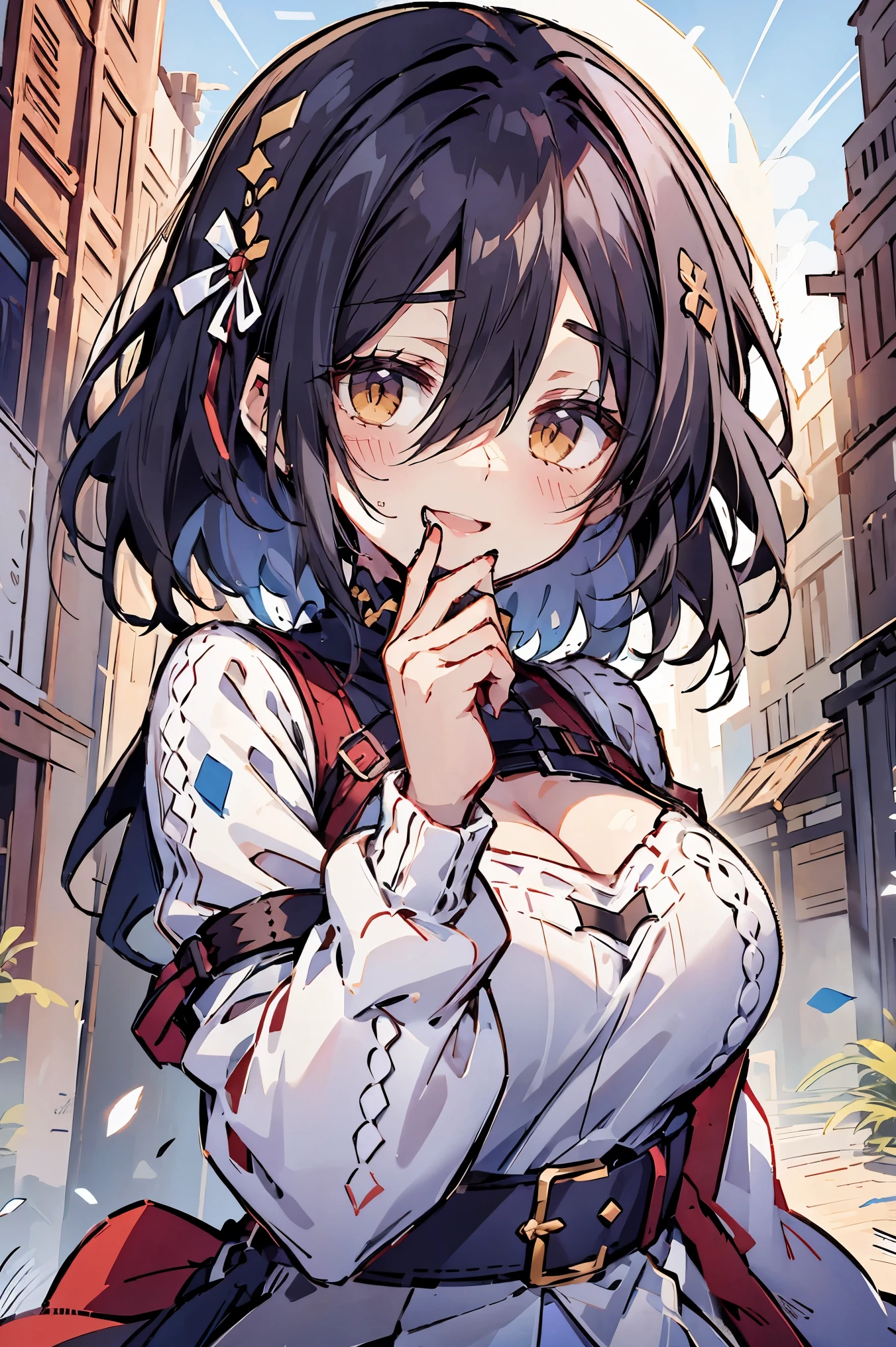 (masterpiece:1.2), (high quality:1.2), (hui xiyi:0.7), rekkyo sensen, rekkyou sensen, girls with((black hair, tits cleavage, waving is hands, breasts close up, (suspenders:0.65), (dress:0.65), blue clothes, (belts:0.7), frills shirt, (white knit sweater:1.2), camisole, exposed breasts, straps, ribbon, upper body, (long wavy hair:0.7), one side up, nun, long sleeves, perfect hands, perfect fingers)), background with((fantasy world, ruin, castle, beautiful sky, shining sky, sunshine))