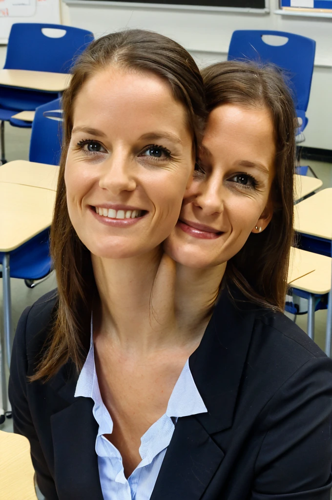2heads, two headed woman, age 30, German, teacher, teacher attire, in class, smart,
