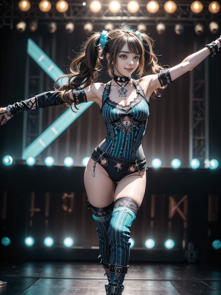 (Full Body View:1.2)、(Side view:1.1)、(Smiling with teeth showing:1.3),(Shibuya Gal:1.5)、(Gothic Lolita style fashion:1.5)、(Punk RockVisual Kei:1.5)、(Wearing a rhythmic gymnastics bodysuit with intricate details:1.4)、(Racing suit and pants with intricate white, denim and turquoise decorations:1.5)、(Denim with turquoise and white boots:1.3)、((belt))、(Numerous delicate logo marks all over the costume:1.4)、(collar:1.3)、(Striped underwear:1.5)、20-year-old、NSFW、((Highest quality、In 8K、masterpiece:1.3))、Sharp focus:1.2、(Layered Cut、Huge boobs:1.1),Beautiful woman with perfect figure:1.4、(Doing an aerobics pose:1.3)、Slender Abs:1.2、Highly detailed face and skin texture、Detailed eyes、double eyelid,(Twin tails:1.3)、(Brown-golden hair:1.3)、Gravure idol、(The background is the stage of the fashion show:1.3)、(Slim body:1.3),(Make your legs thinner:1.4),(clavicle:1.1)、(Thin thighs:1.2)