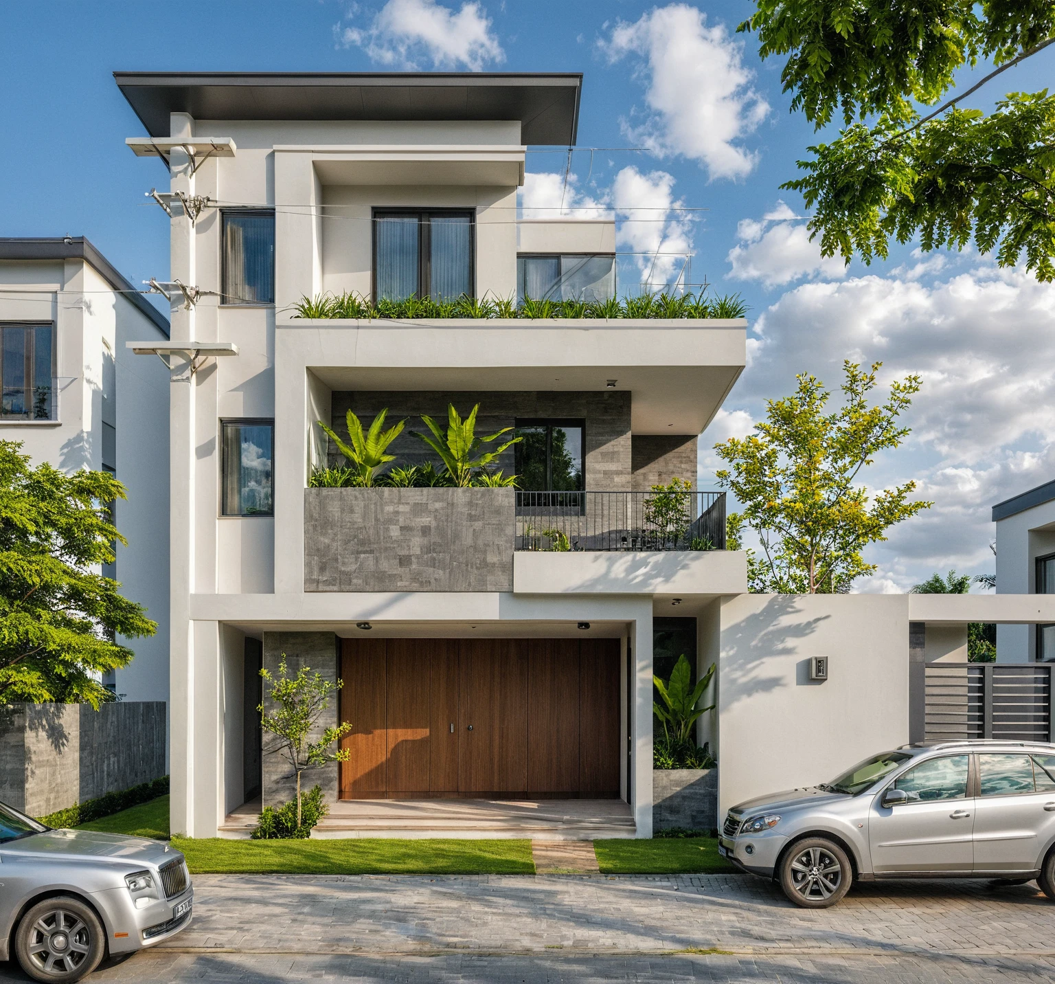 Masterpiece, high quality, best quality, authentic, realistic scene, super detail, outdoors, house on the street ,white wall, glass window, steel gate, road, pavement, grass, trees, sky, cloud, car (daylight:1.1)
