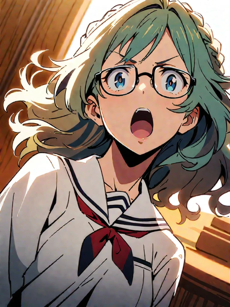 (high quality, 8K, 4k, high contrast, masterpiece:1.2, 最high quality, best aesthetics), (dynamic angle), ((1 female)), erotic, sexy, mature body, JK, , Braid, Glasses, Sexy lips, excited, Chairman, sailor suit:1.2, open your mouth. Takemichi fe****** cabello rubio ojos azules , cabello rubio , takemichi fe****** 