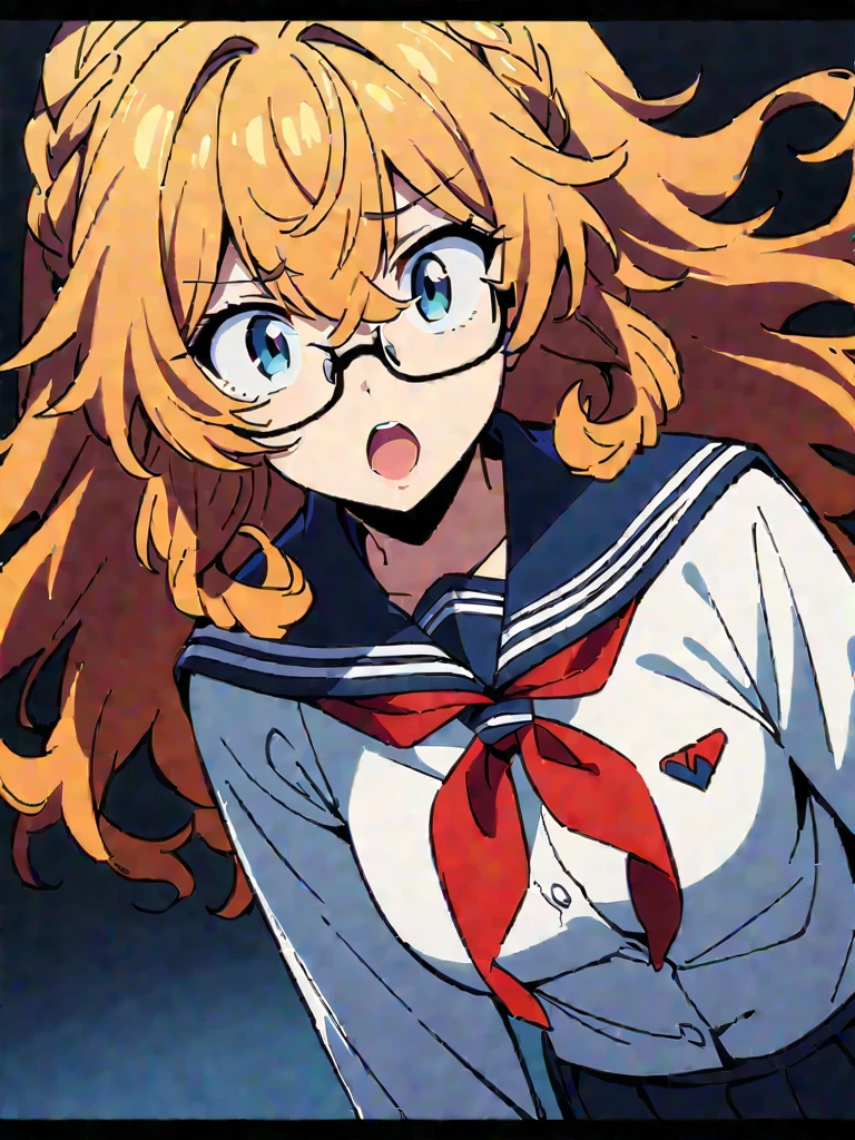 (high quality, 8K, 4k, high contrast, masterpiece:1.2, 最high quality, best aesthetics), (dynamic angle), ((1 female)), erotic, sexy, mature body, JK, , Braid, Glasses, Sexy lips, excited, Chairman, sailor suit:1.2, open your mouth. Takemichi femenina cabello rubio ojos azules , cabello rubio , takemichi femenina 