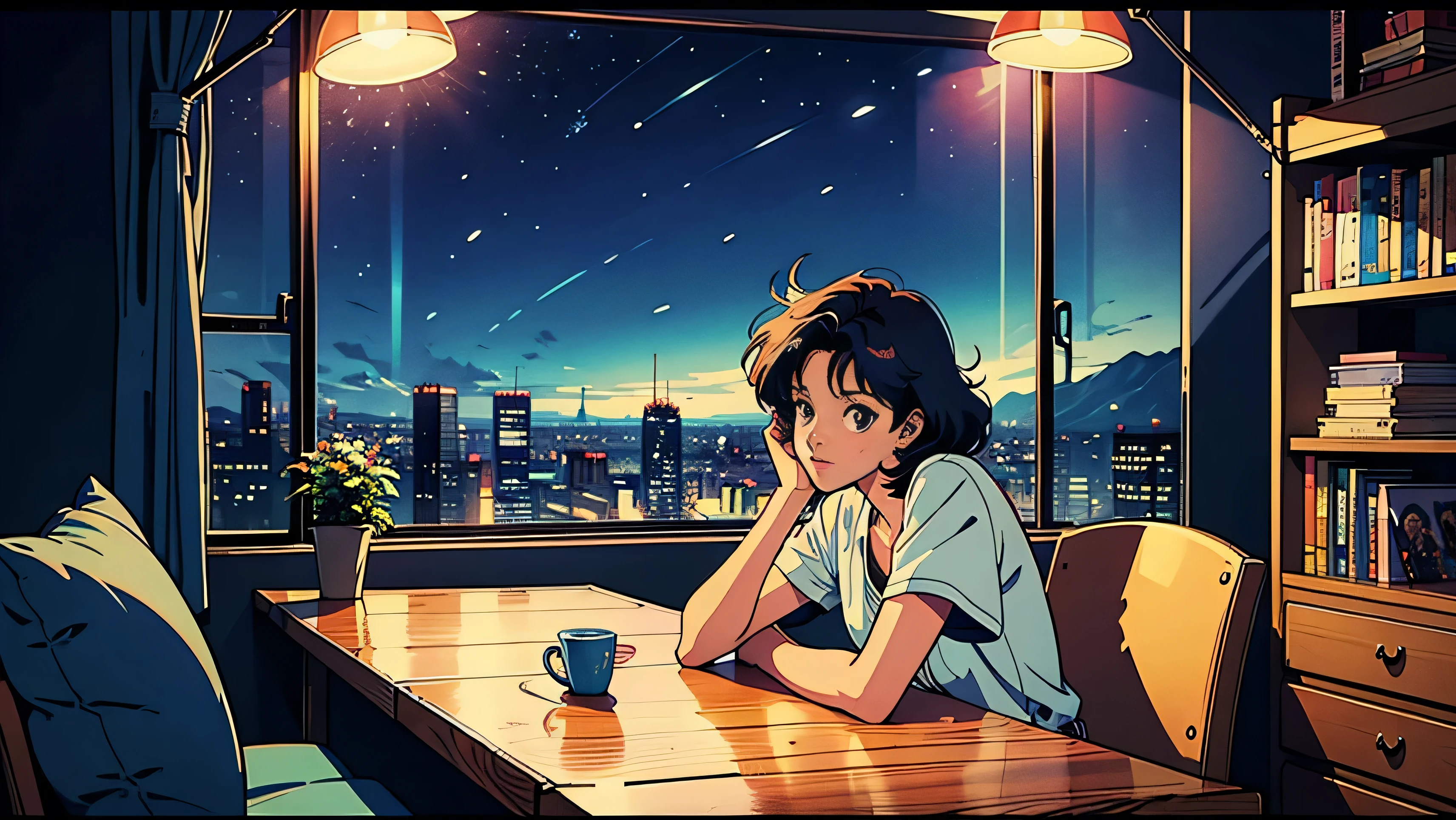 (((Movie angle))), Bed in a room with bookshelves, Night sky outside the window, City outside the window, Bedside tables, Table lamp, Socks scattered on the floor, Cushions on the floor, (Tabletop:1.5, highest quality:1.5), ((Vaporwave Style, Partially colored)), (((vanilla))), Retro Anime, 1990s anime, 1980s anime, Retro Anime style, masterpiece, highest quality, Beautiful Anime, (ultra-Detailed Background, Detailed Background), High resolution, Very detailed, Lo-fi illustration, anime art wallpaper 4k, anime art wallpaper 4k,