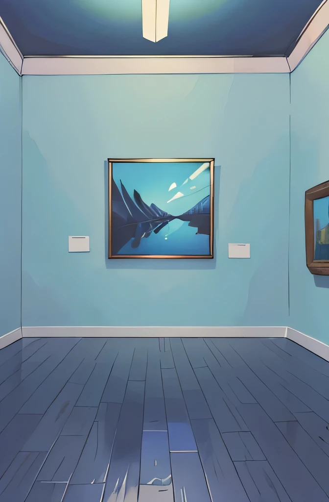 Perfect anime illustration, view of an art gallery, blue walls, wooden floors, artwork is displayed on walls, aesthetic