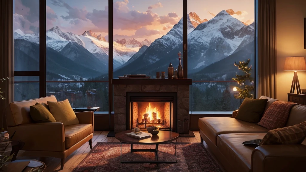 fireplace in a cozy living room with a view of the mountains, a hyperrealistic painting inspired by Evgeny Lushpin, polycount contest winner, digital art, unreal engine ; romantic theme, cozy and peaceful atmosphere, cozy place, cozy setting, cozy home background, cozy and calm, cozy atmospheric, cozy environment, warm beautiful scene, cozy atmosphere