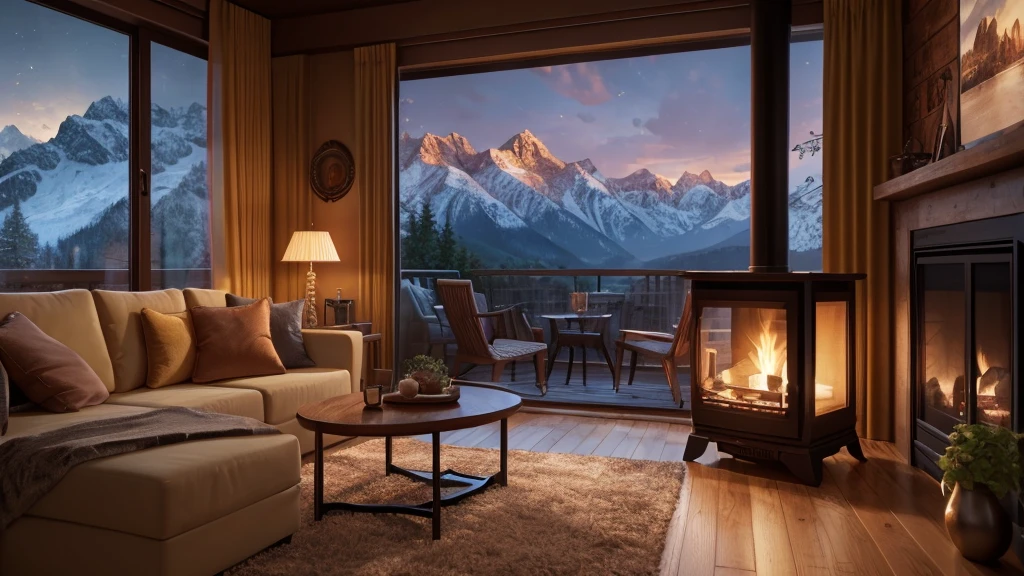fireplace in a cozy living room with a view of the mountains, a hyperrealistic painting inspired by Evgeny Lushpin, polycount contest winner, digital art, unreal engine ; romantic theme, cozy and peaceful atmosphere, cozy place, cozy setting, cozy home background, cozy and calm, cozy atmospheric, cozy environment, warm beautiful scene, cozy atmosphere