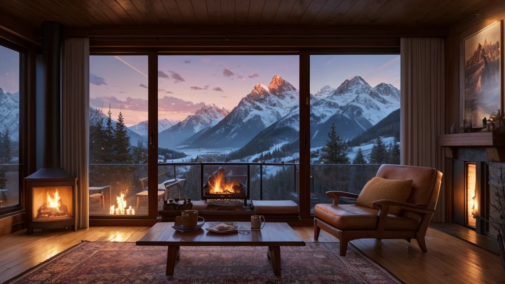 fireplace in a cozy living room with a view of the mountains, a hyperrealistic painting inspired by Evgeny Lushpin, polycount contest winner, digital art, unreal engine ; romantic theme, cozy and peaceful atmosphere, cozy place, cozy setting, cozy home background, cozy and calm, cozy atmospheric, cozy environment, warm beautiful scene, cozy atmosphere